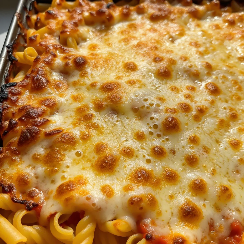 A close-up of the top corner of a baked ziti, golden brown and bubbling with melted mozzarella cheese
