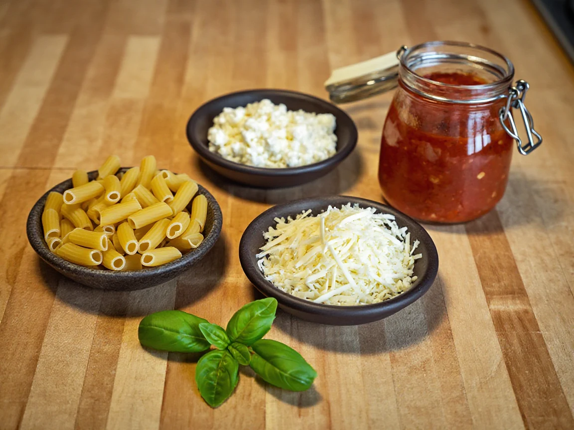 Ziti pasta, a bowl of ricotta cheese, shredded mozzarella, jarred marinara sauce, and fresh basil arranged separately on a wood kitchen counter