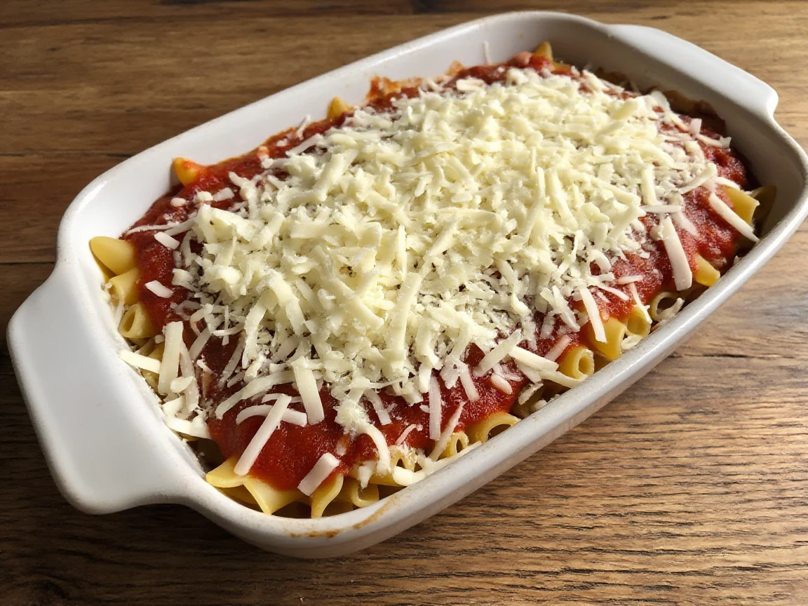 An unbaked ziti casserole assembled in a white ceramic dish, layered with sauce and shredded mozzarella, ready for the oven