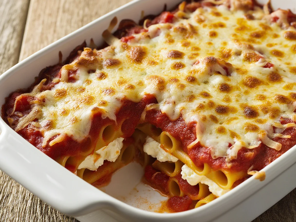 A golden, bubbling baked ziti in a white ceramic dish, one corner serving removed showing layers of pasta, sauce, and melted cheese