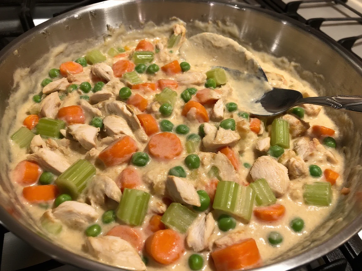 Creamy chicken pot pie filling with carrots, celery, and peas simmering in a large skillet, thick enough to coat a spoon