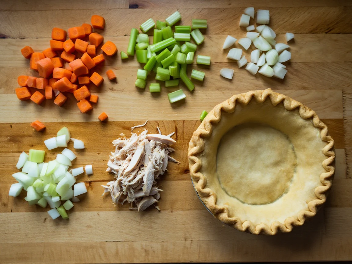 Diced carrots, celery, onion, shredded rotisserie chicken, and a rolled pie crust arranged separately on a wood kitchen counter