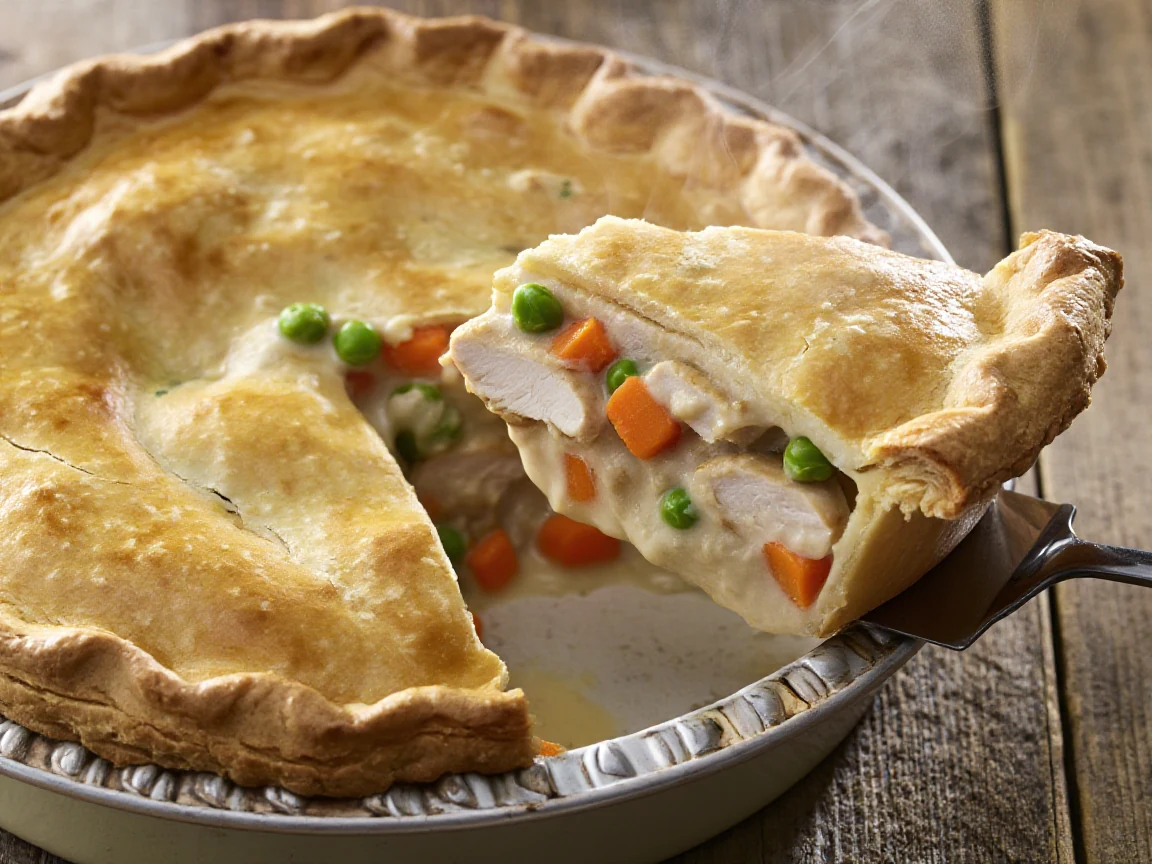 A slice of golden-topped chicken pot pie lifted from the dish on a spatula, creamy filling visible