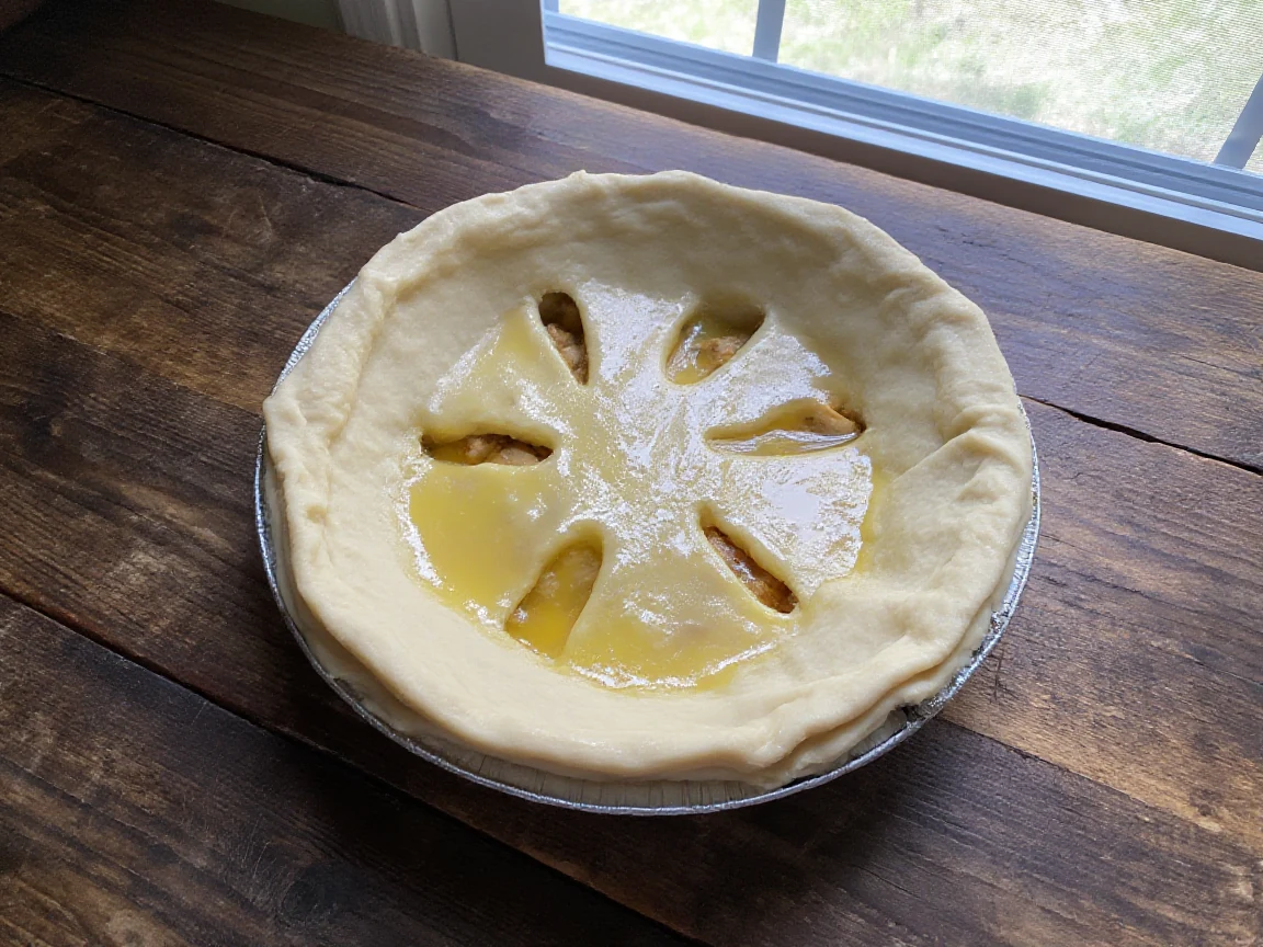 An unbaked chicken pot pie in a deep dish with a single pie crust laid over the top, egg-washed and slit for steam, ready for the oven