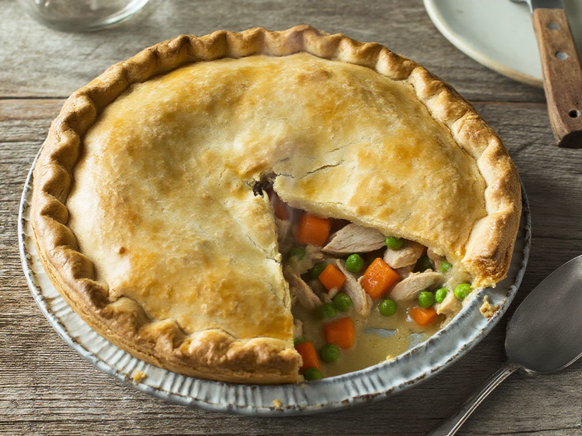 A golden-topped chicken pot pie in a deep dish, one slice removed showing the creamy chicken and vegetable filling
