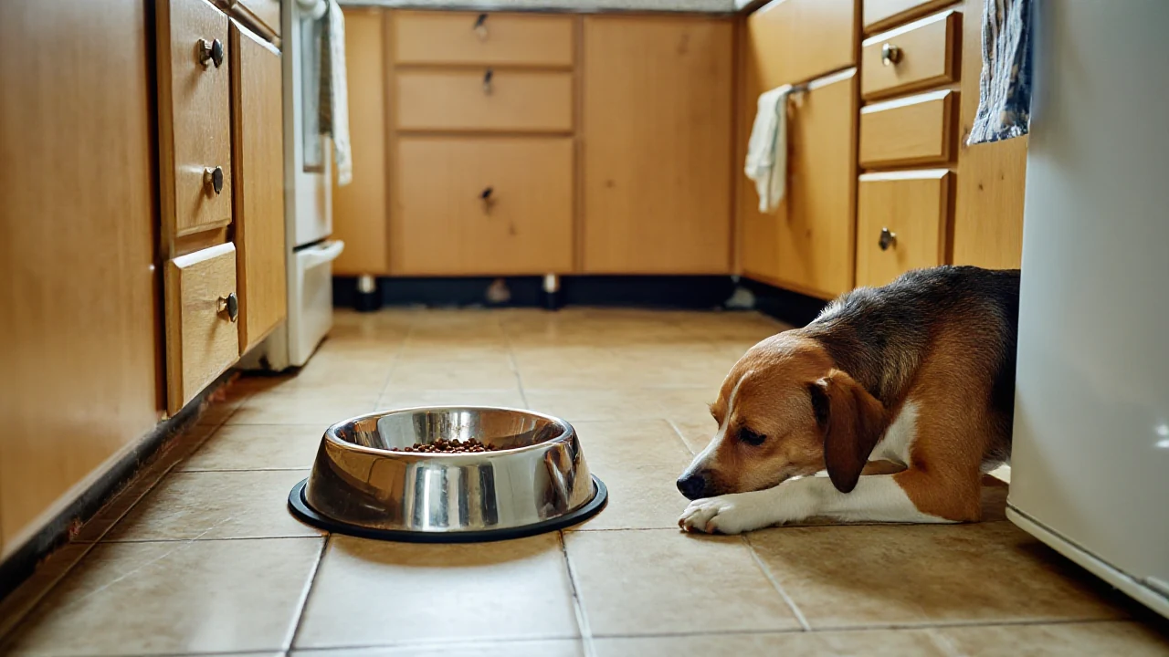 A dog eating calmly and slowly from a wide slow feeder bowl in a small apartment kitchen corner