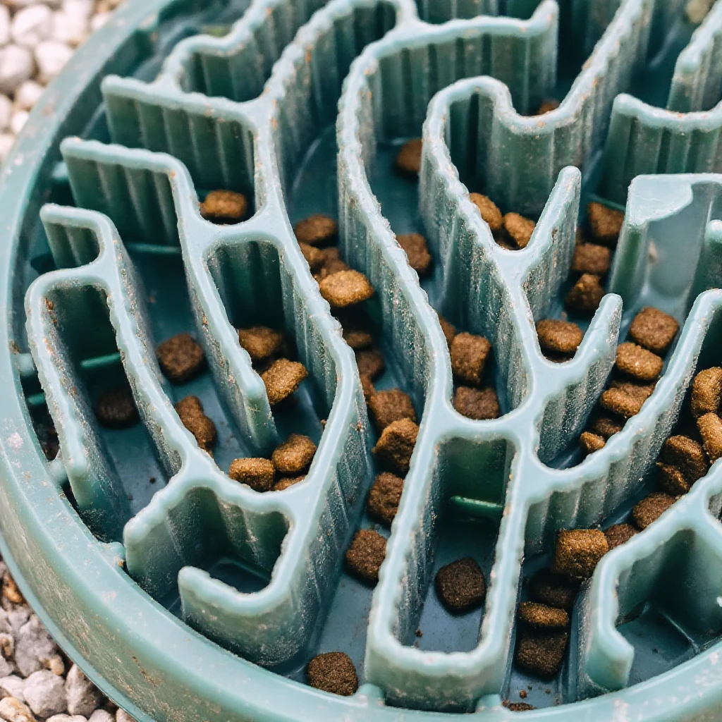 A close-up of a maze-pattern dog bowl with tall winding ridges, kibble scattered through the channels