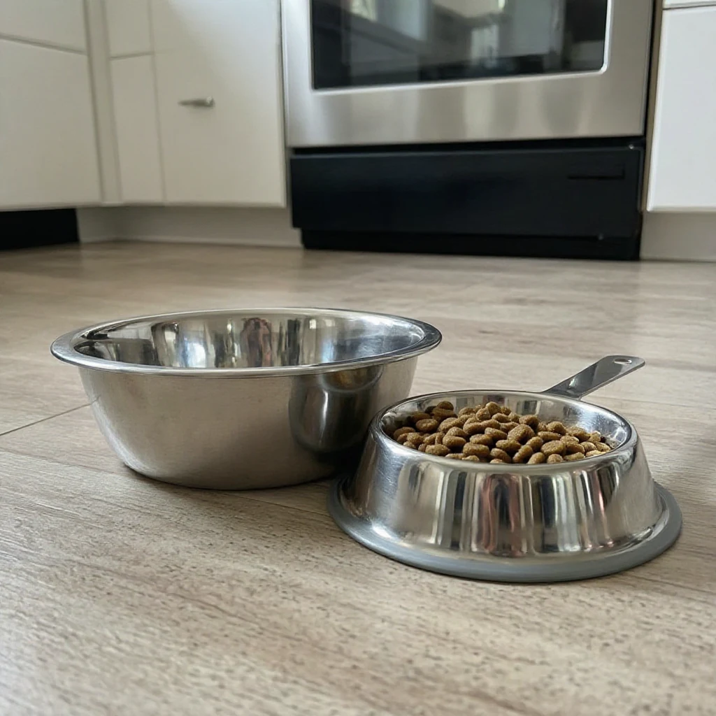 An empty dog bowl set on a kitchen floor beside a measuring cup of kibble, apartment kitchen visible in the background