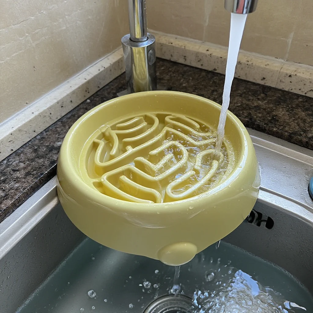 A slow feeder dog bowl being rinsed under a kitchen faucet before going into the dishwasher