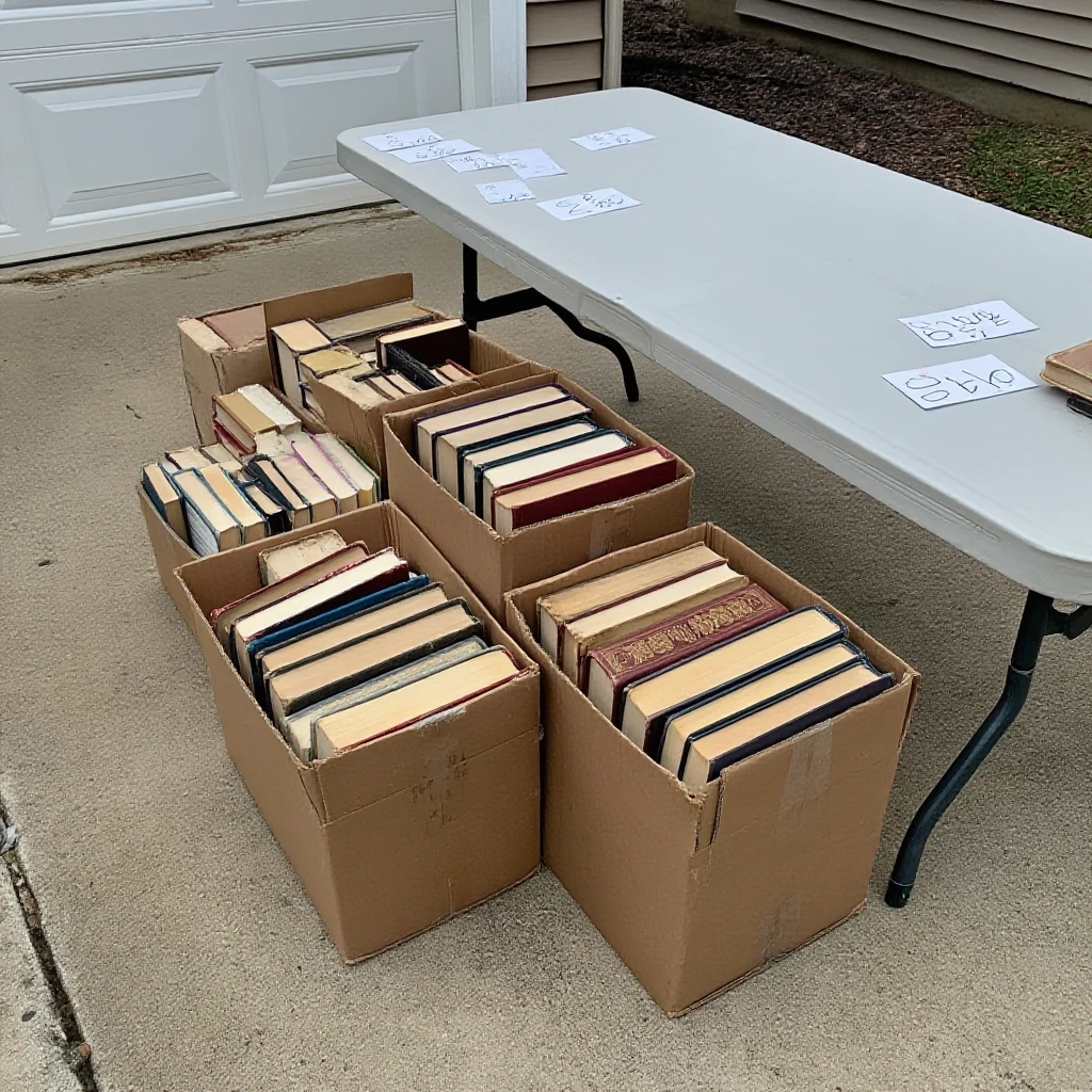 Stacked cardboard boxes of used books lined up along a driveway at an estate sale, price tags visible on a folding table nearby