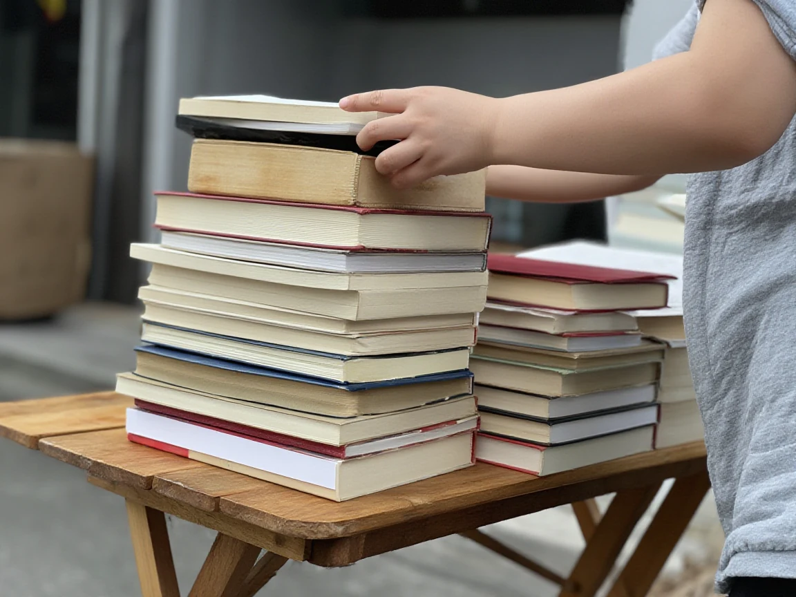 Hands sorting through a mixed stack of used hardcover and paperback books on a folding table at an estate sale