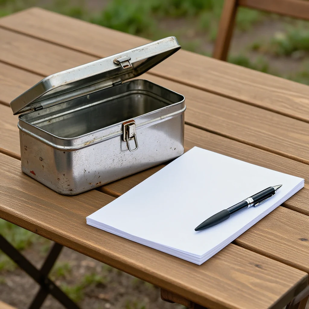 A small metal cash box and a handwritten paper receipt on an estate sale folding table