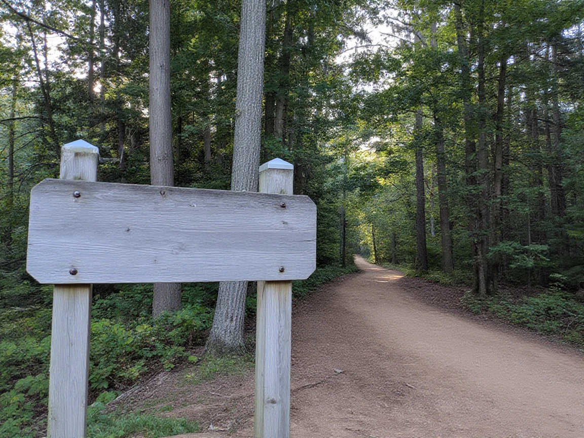 A wooden trailhead signpost at the start of a forest trail, morning light through the trees