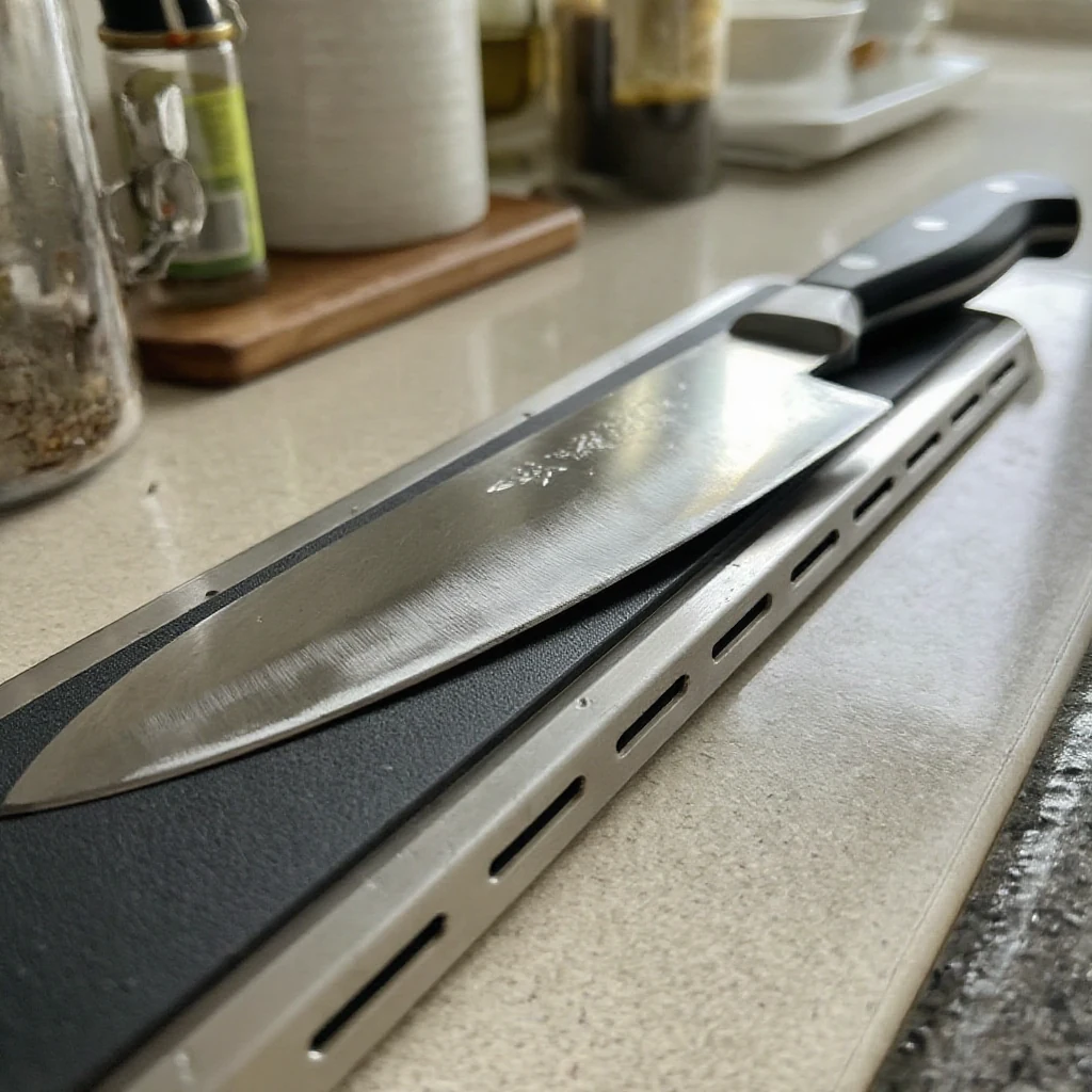 A hand sliding a chef's knife onto a magnetic strip at a shallow angle rather than dropping it flat against the magnet