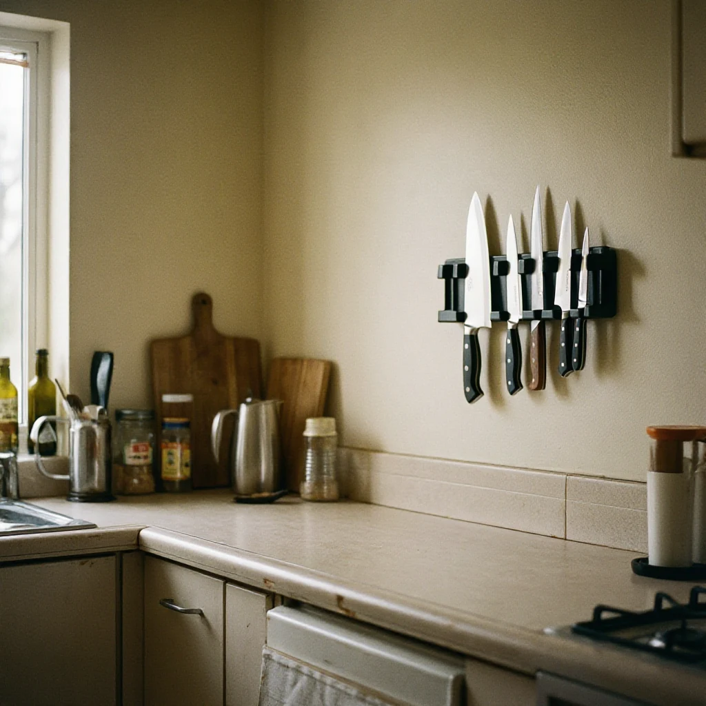 A small kitchen counter left completely clear next to a wall-mounted magnetic knife strip holding several knives