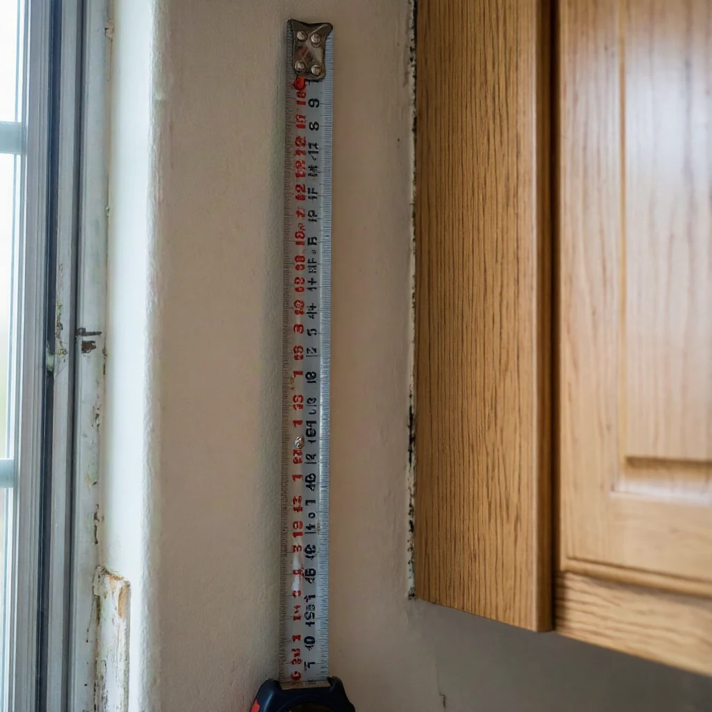 A tape measure held against a narrow section of kitchen wall between a window and a cabinet