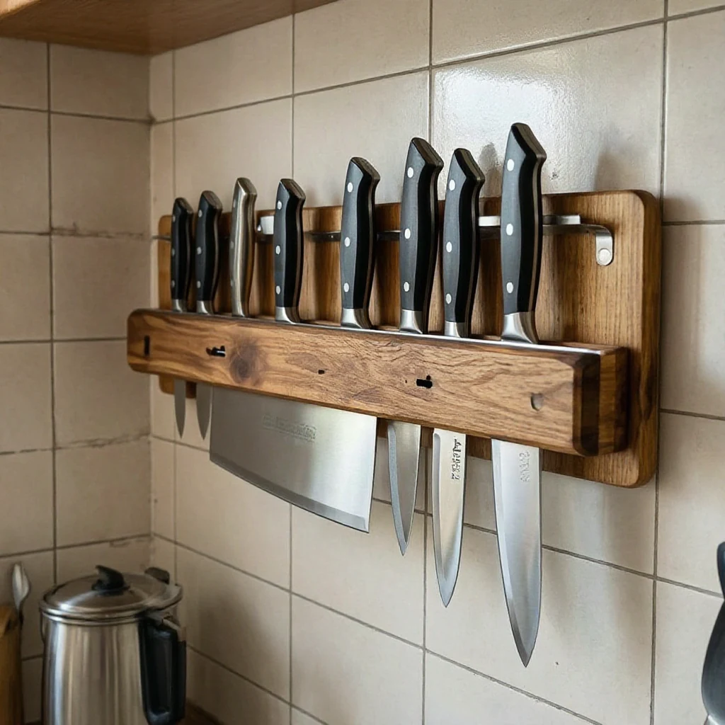 Several kitchen knives held securely along a wood-surfaced magnetic strip mounted on a tiled kitchen wall