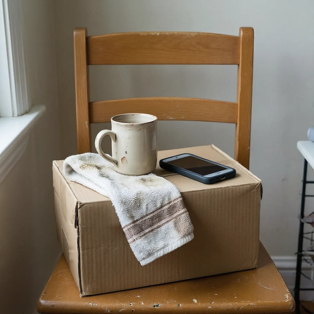 A small donation box on a chair holding a chipped mug, an old dish towel, and a phone case