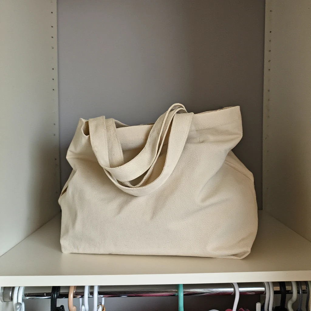 A single reusable tote bag folded neatly on a shelf, labeled as the one exception item kept