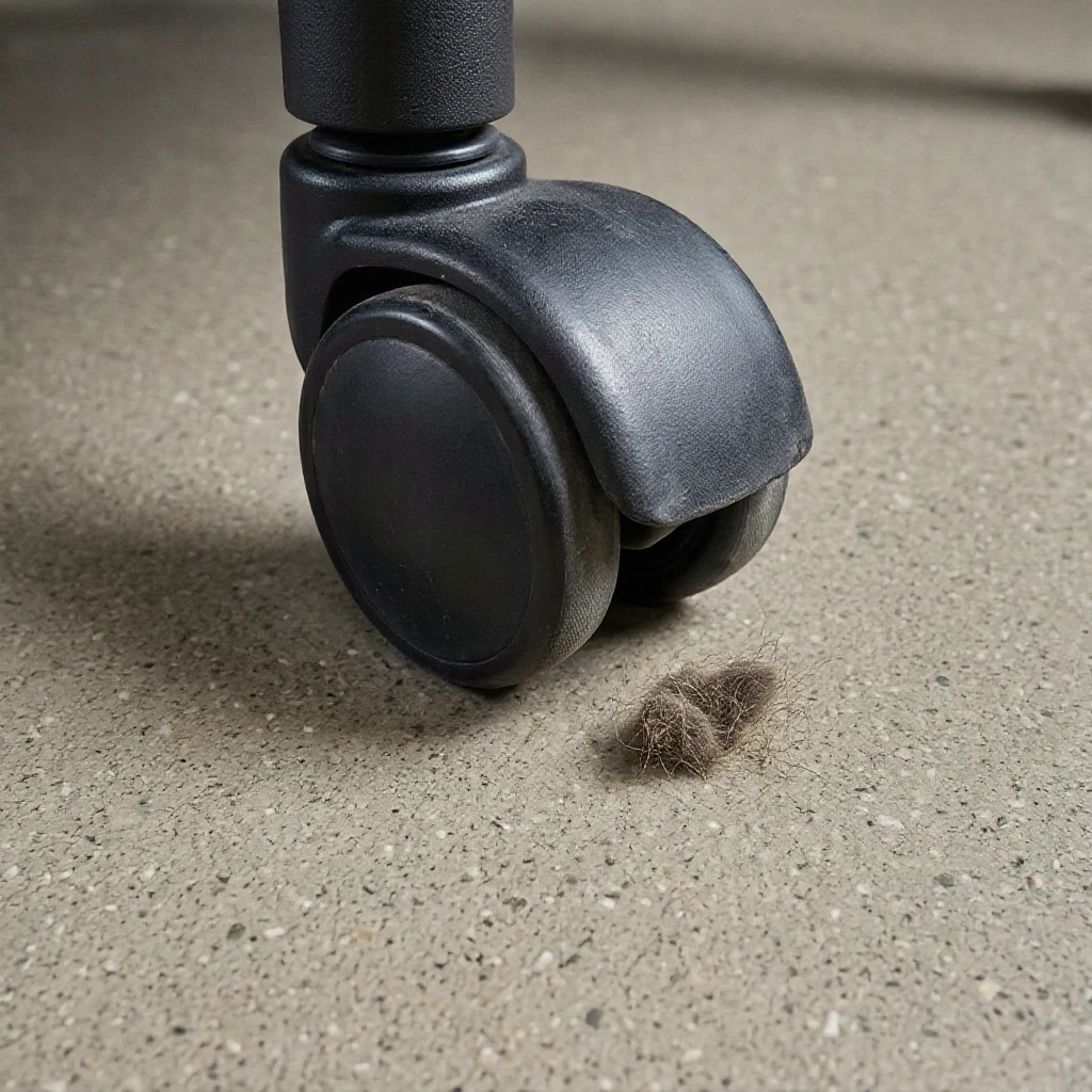 A close-up of an office chair caster wheel with a small tuft of debris removed and set beside it