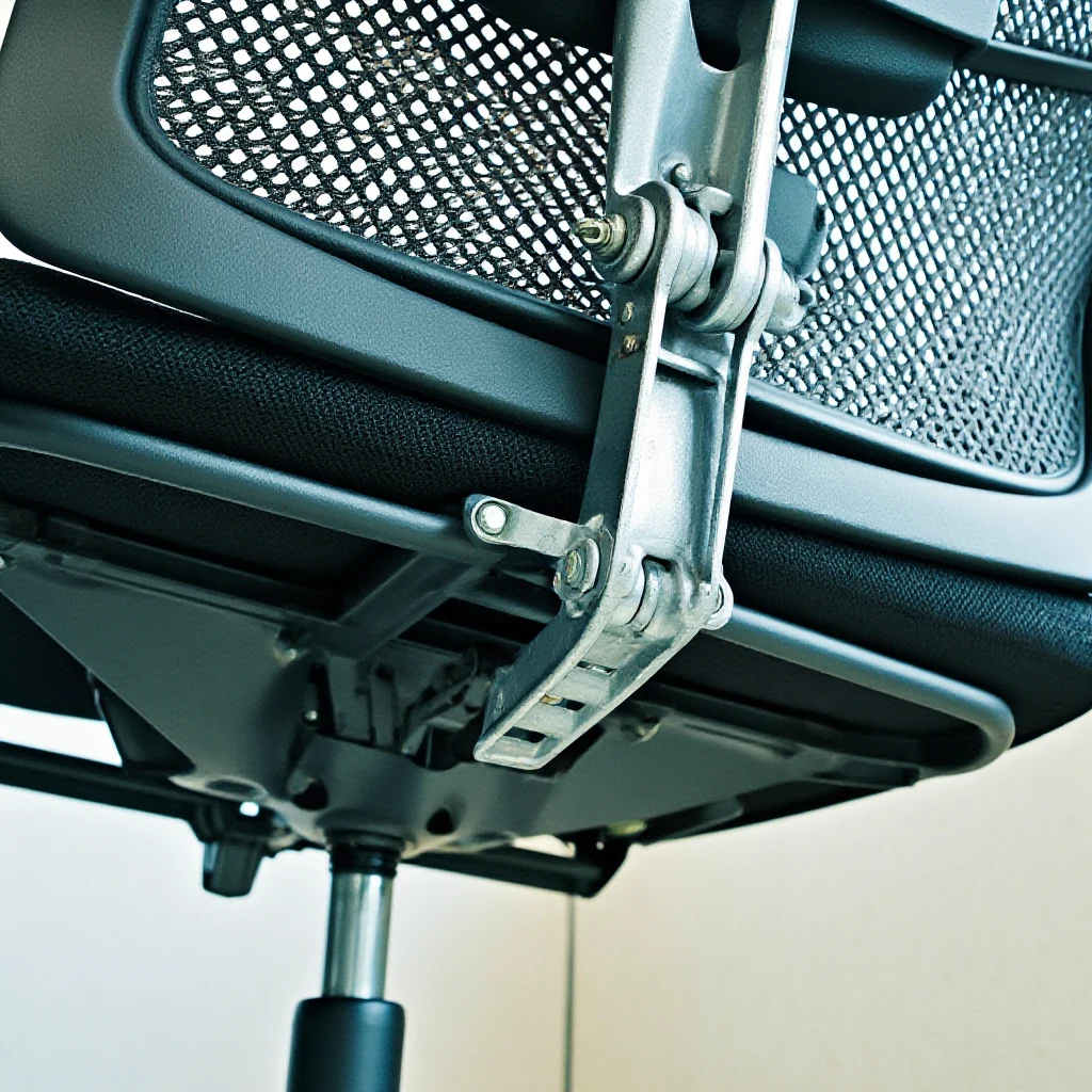A chair's tilt mechanism hinge visible from underneath, showing the metal pivot point that needs lubrication