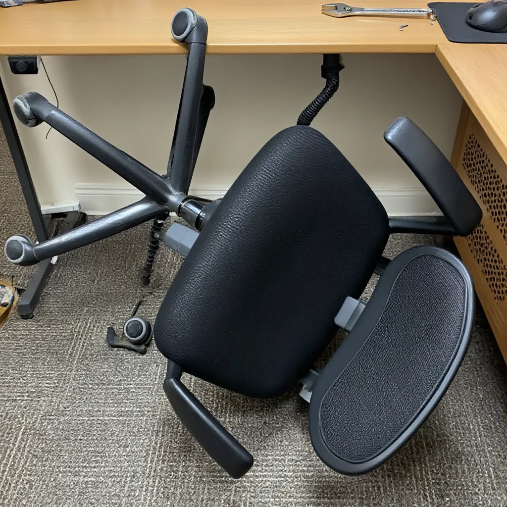 An office chair tipped upside down on a desk, base and wheels visible, with a hand holding a wrench near the bolts