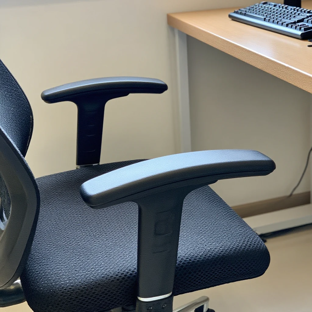 A keyboard and a chair armrest shown at matching heights beside a desk, illustrating level alignment