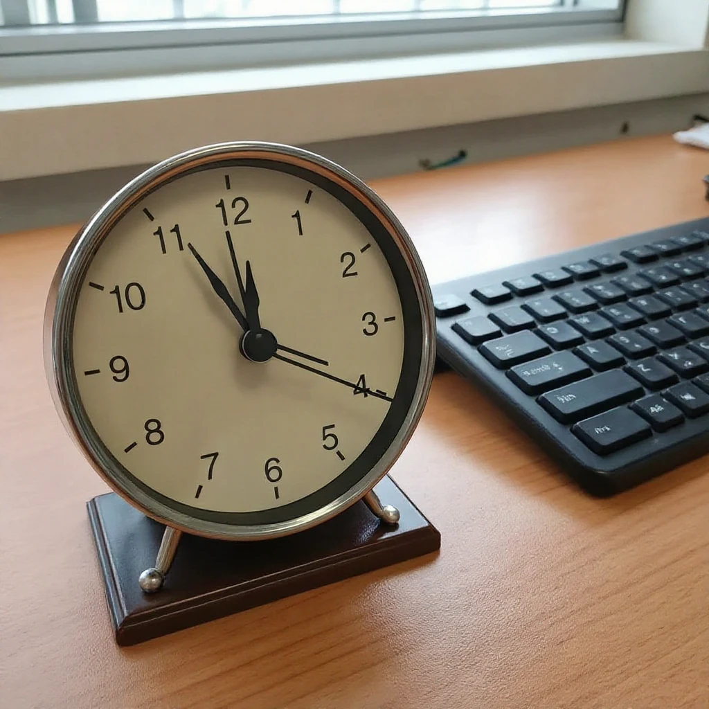 A small analog desk timer sitting next to a keyboard on a wood desk