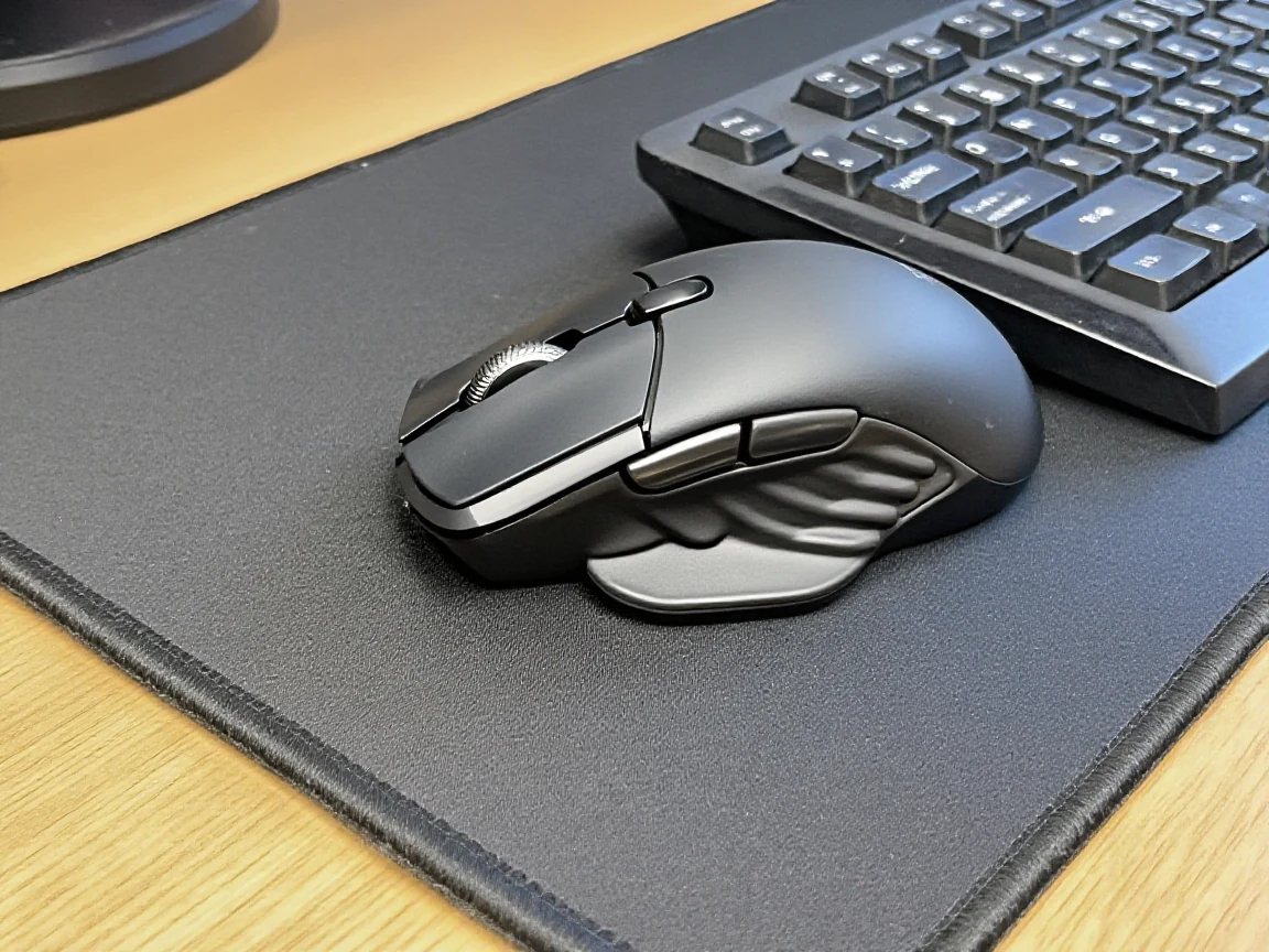 A vertically angled ergonomic-style mouse positioned beside a keyboard on a desk mat
