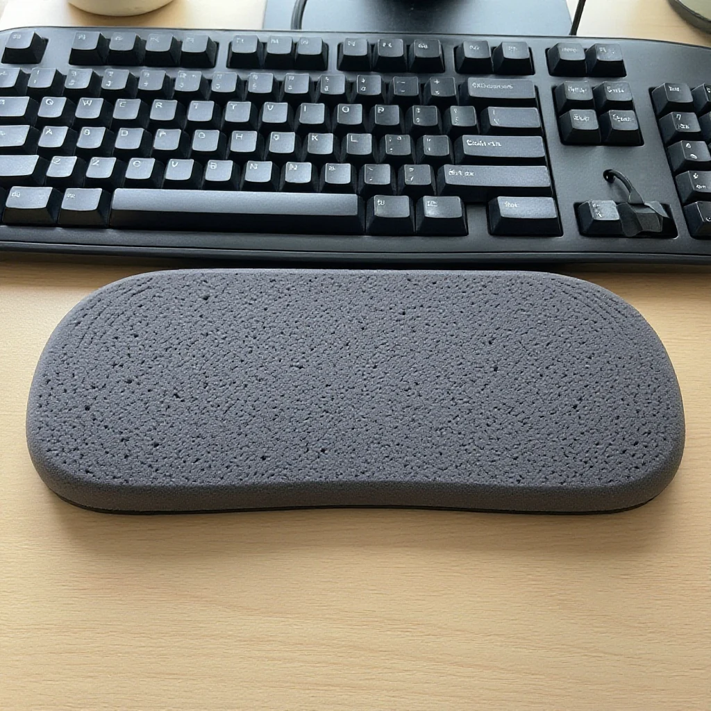A foam wrist rest positioned directly in front of a keyboard on a desk