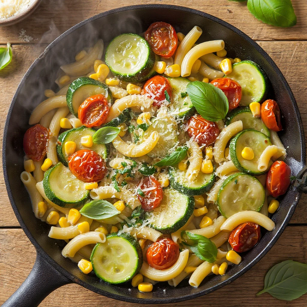 A skillet of pasta tossed with zucchini, corn, and burst cherry tomatoes, finished with parmesan and fresh basil