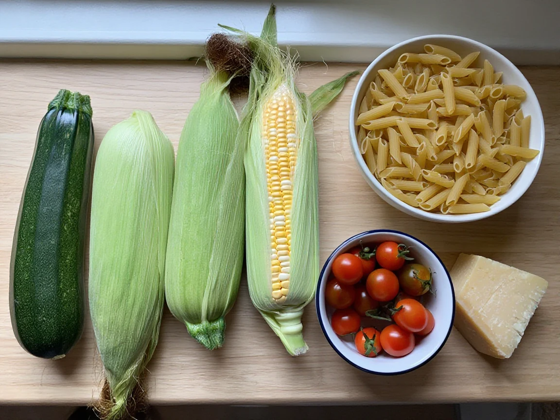 Zucchini, corn on the cob, cherry tomatoes, short pasta, and parmesan arranged separately on a wood kitchen counter