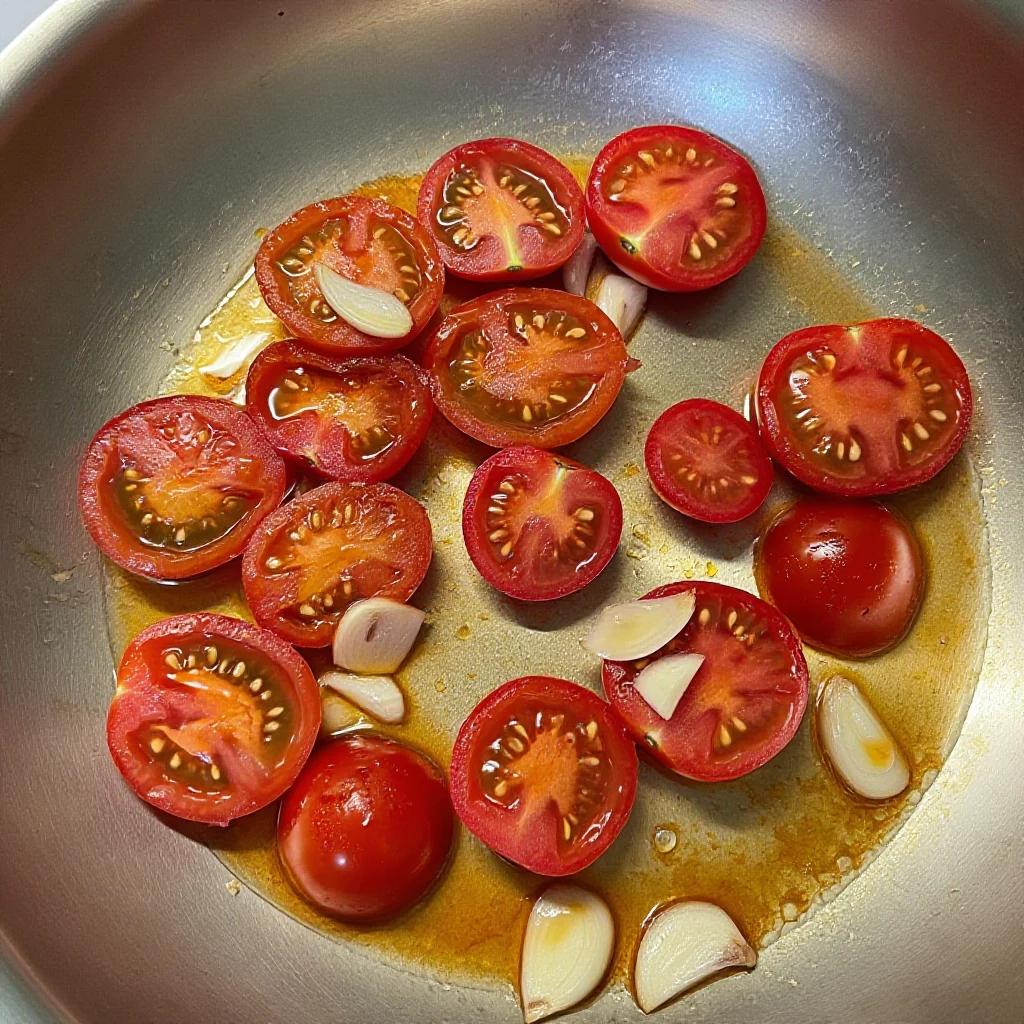 Cherry tomatoes blistering and releasing juice in a skillet with sliced garlic