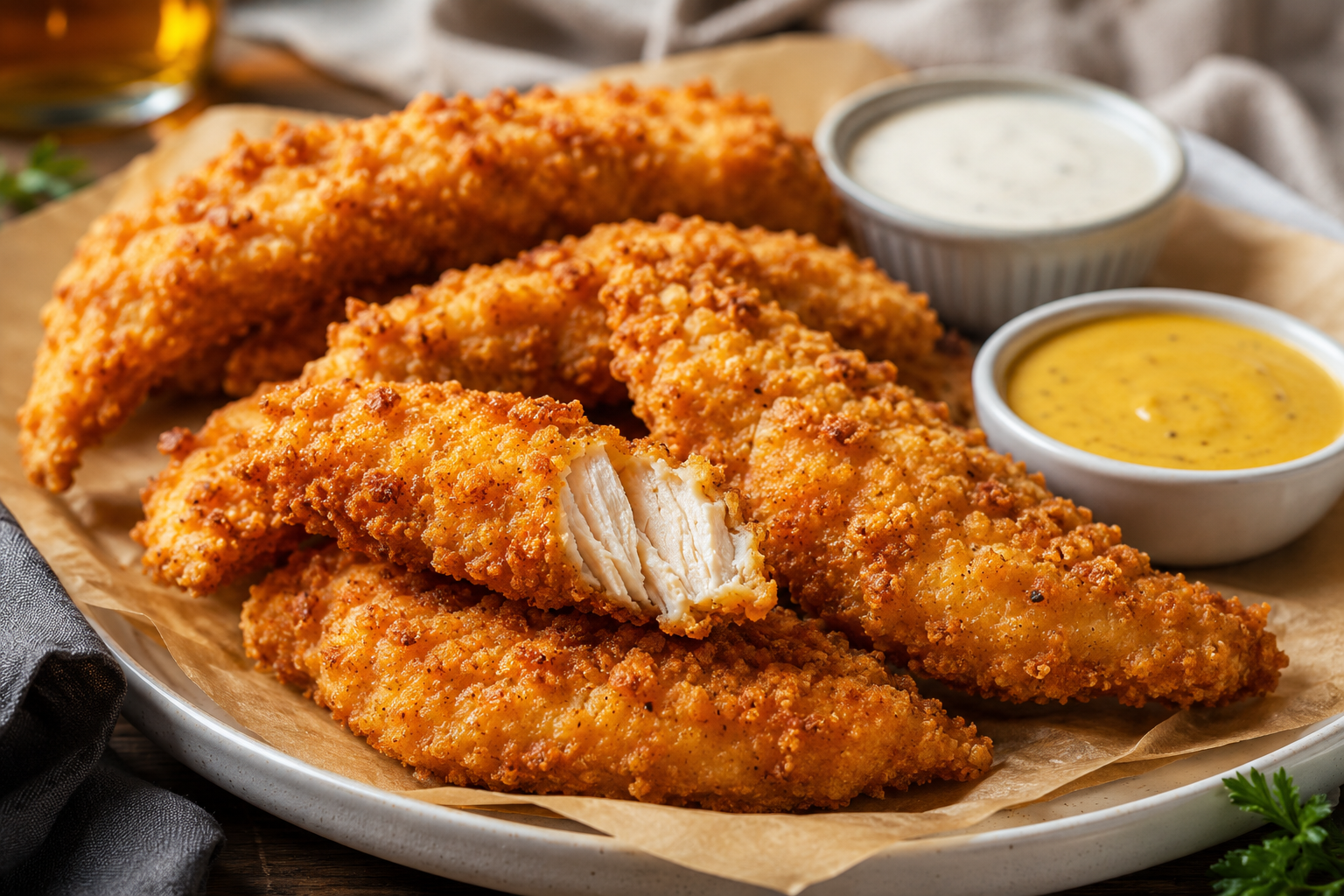 A plate of golden, crispy air fryer chicken tenders with dipping sauces on the side