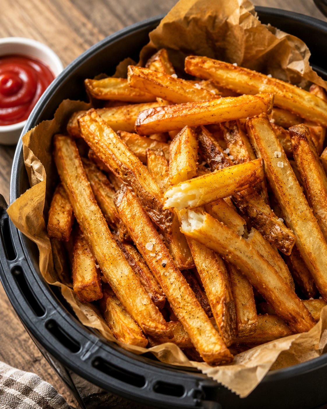 Crispy golden air fryer French fries piled in a basket with a small bowl of ketchup on the side