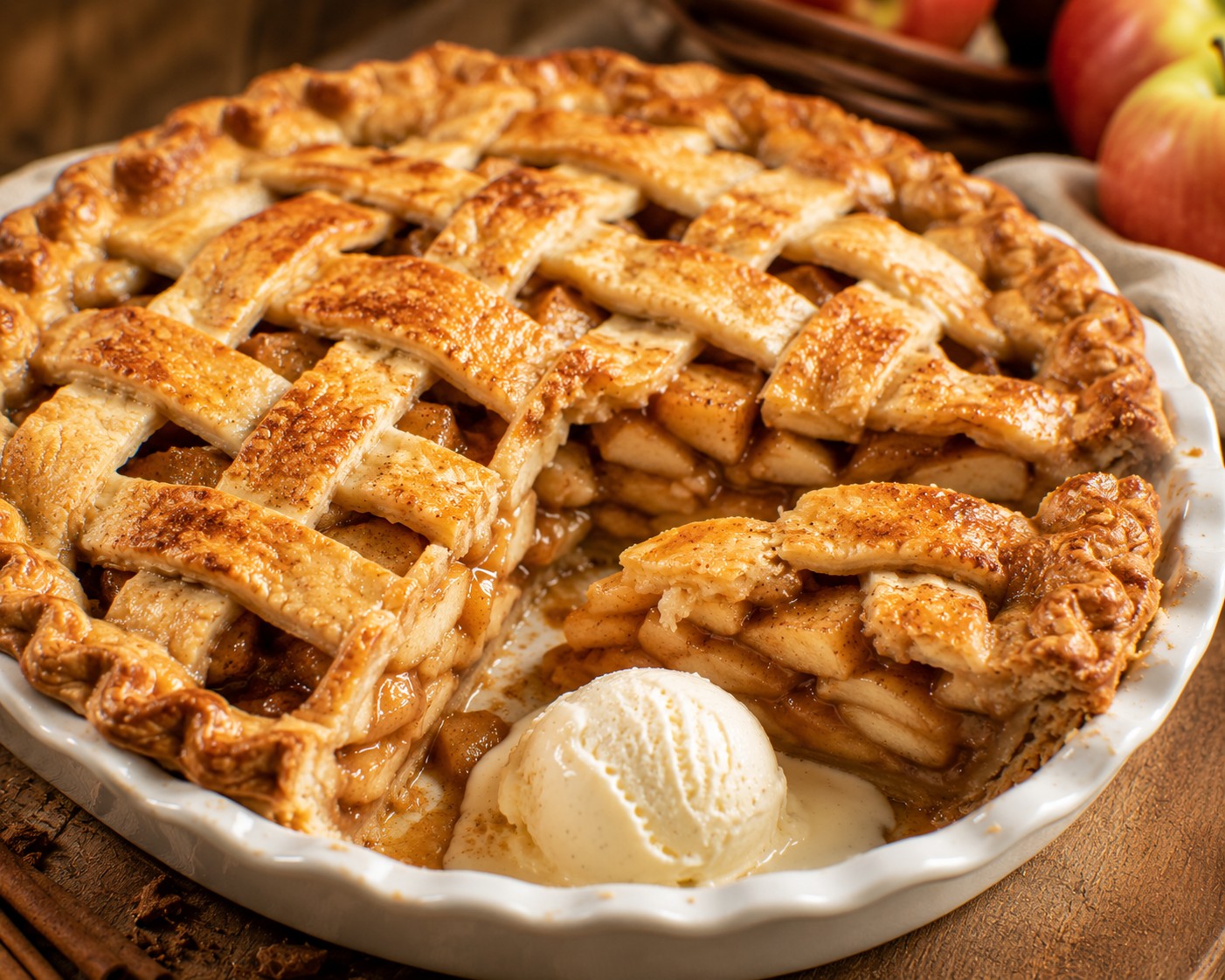 A golden lattice-topped apple pie with a slice cut out, showing thick, glossy apple filling