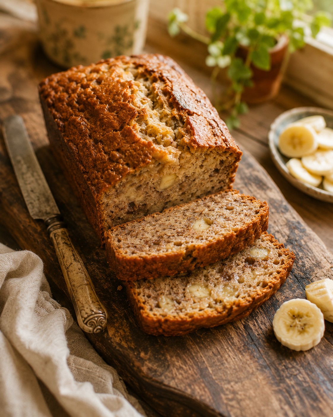A close-up slice of banana bread showing the moist, tender crumb