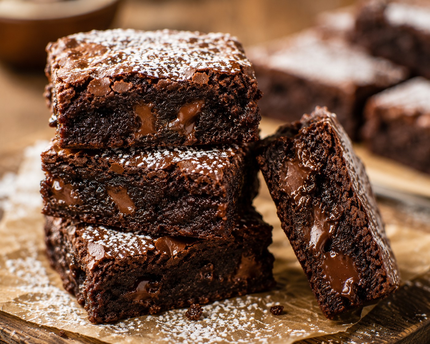 A stack of fudgy chocolate brownies with a shiny, crackly top, one cut in half showing a dense interior
