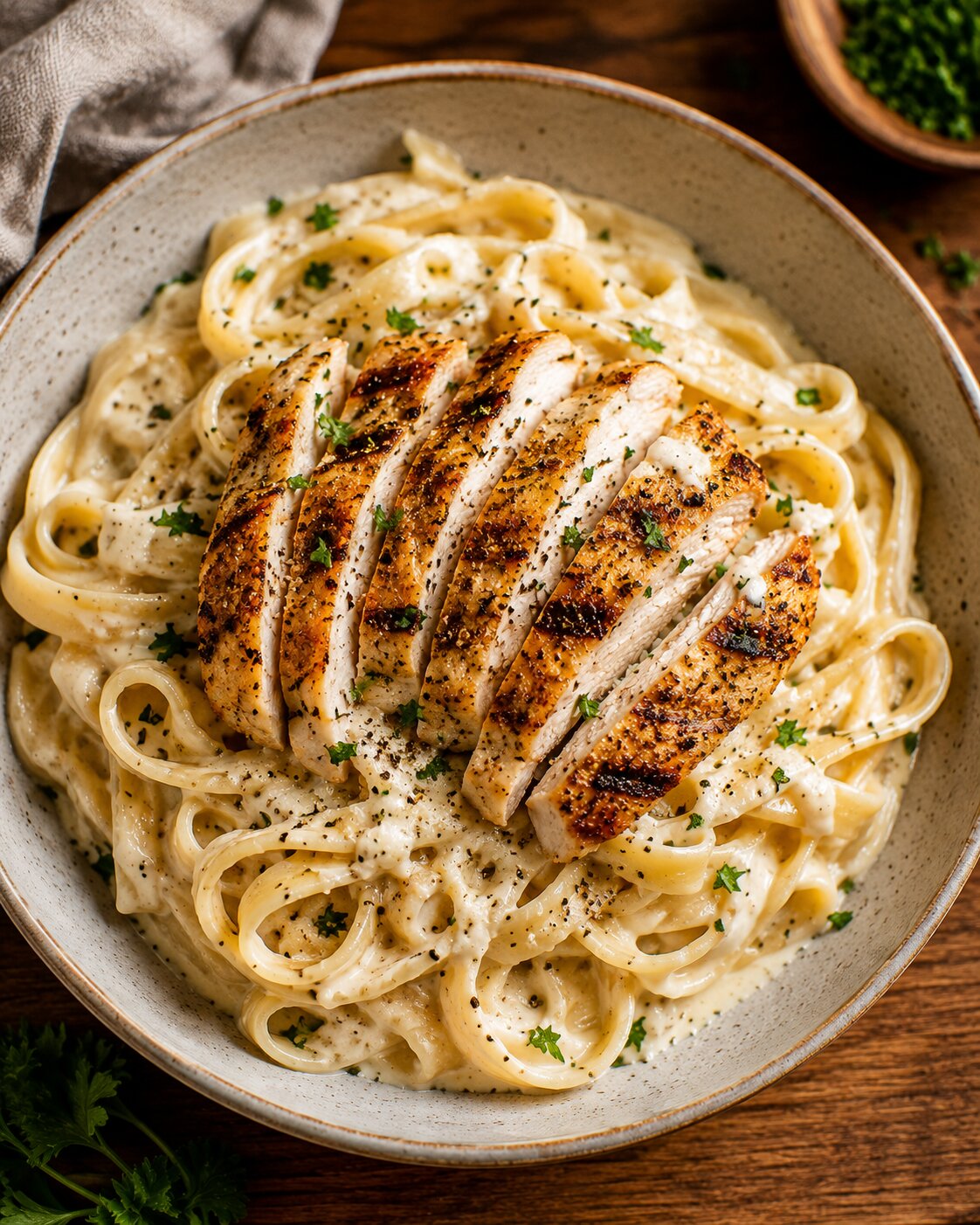 A bowl of fettuccine alfredo topped with sliced grilled chicken and cracked black pepper