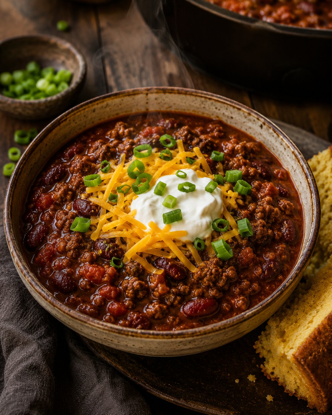 A bowl of thick beef chili topped with shredded cheese, sour cream, and sliced green onion