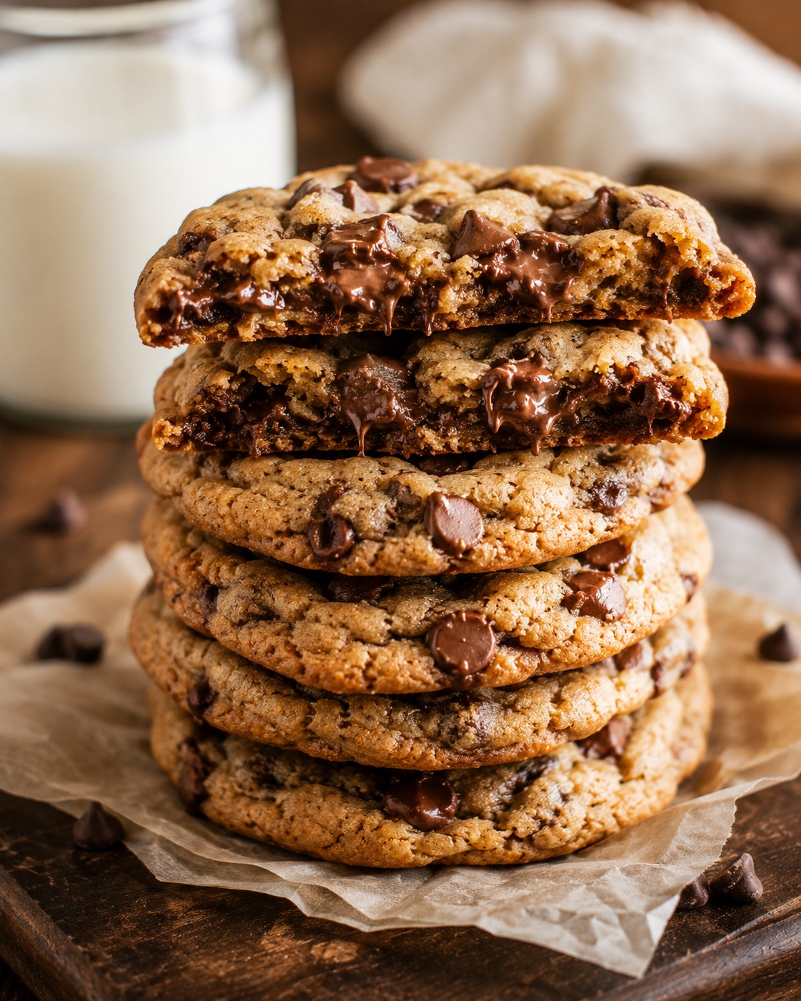 A stack of chewy chocolate chip cookies with one broken in half showing a gooey center
