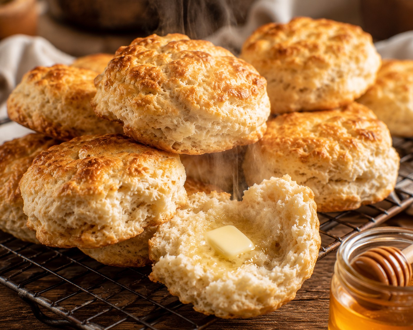 A batch of golden, craggy drop biscuits on a baking sheet, split open showing flaky layers