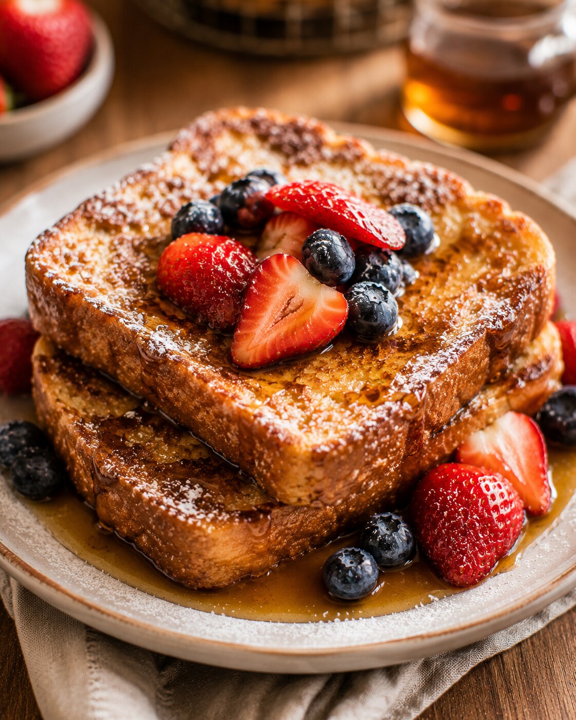 Two slices of golden French toast topped with berries and a dusting of powdered sugar