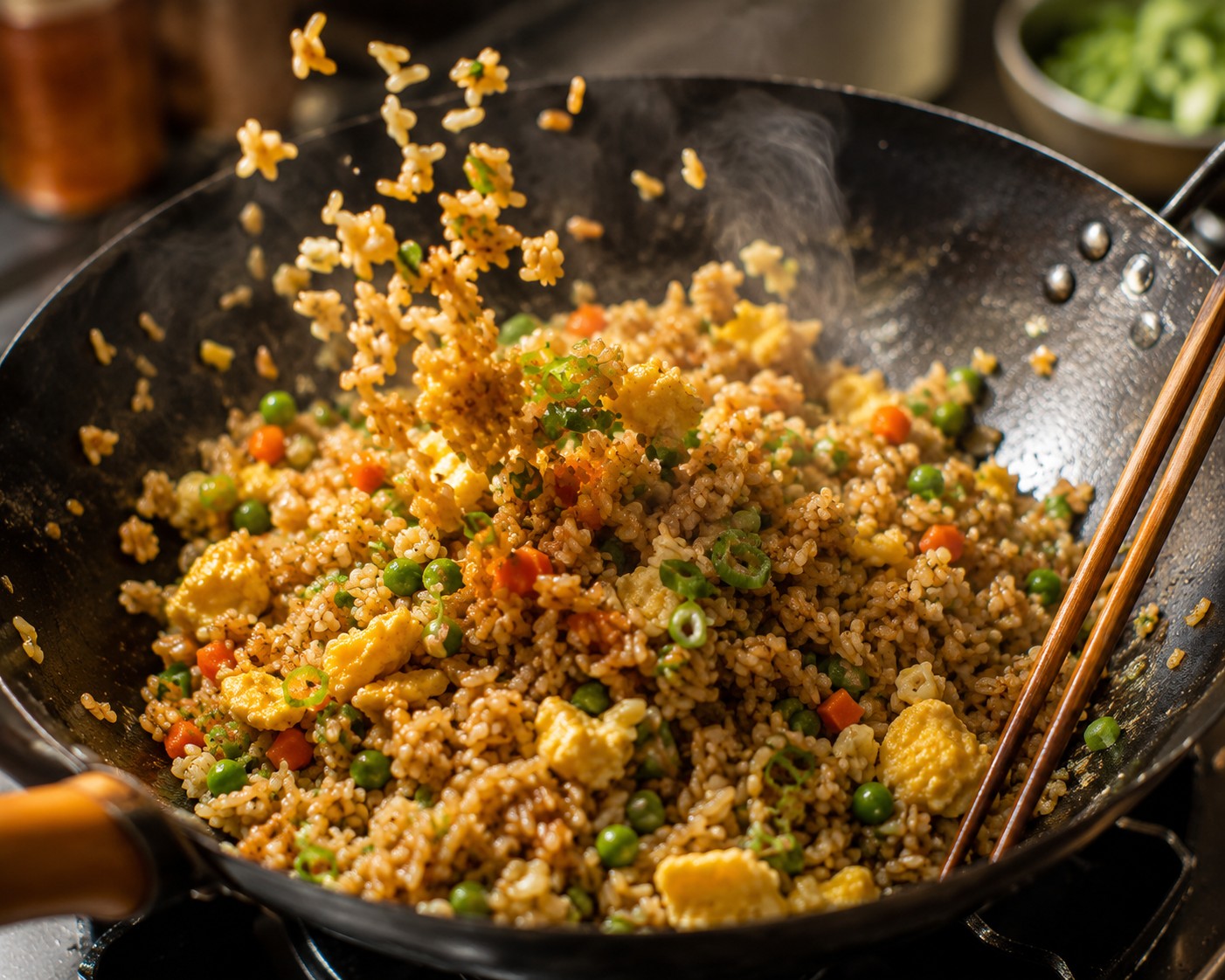 Fried rice being tossed in a hot wok with peas, carrots, scrambled egg, and scallions, steam rising