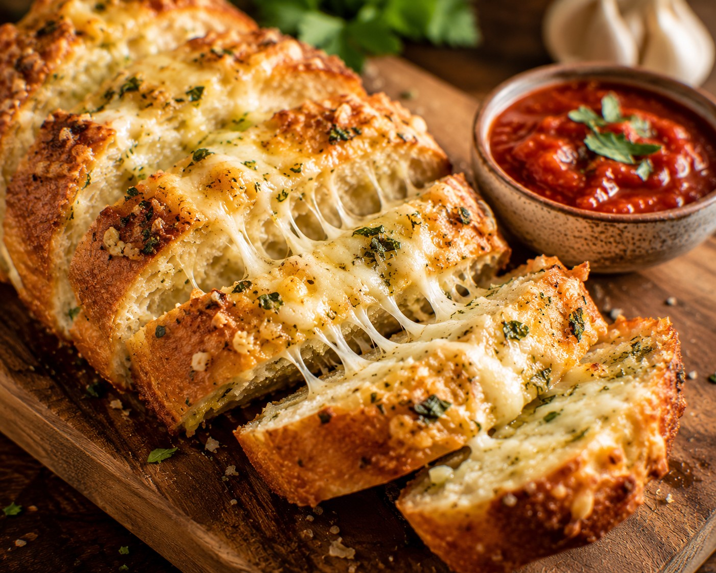 Slices of golden garlic bread with melted butter and herbs, cut from a crusty loaf