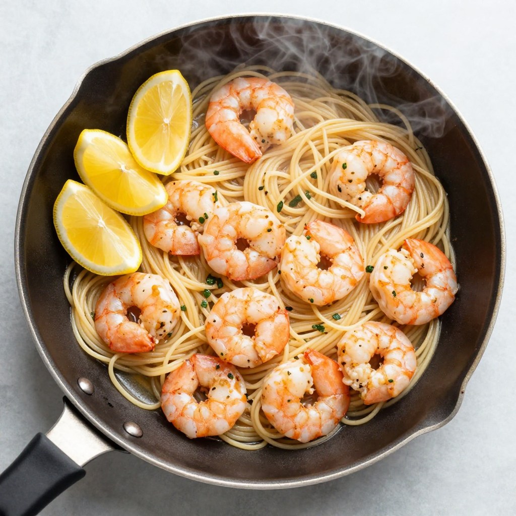 Another look at the finished One-Pan Garlic Butter Shrimp Pasta (Restaurant Sauce, One Pot)