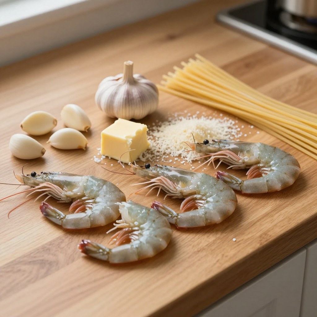 Ingredients laid out for One-Pan Garlic Butter Shrimp Pasta (Restaurant Sauce, One Pot)