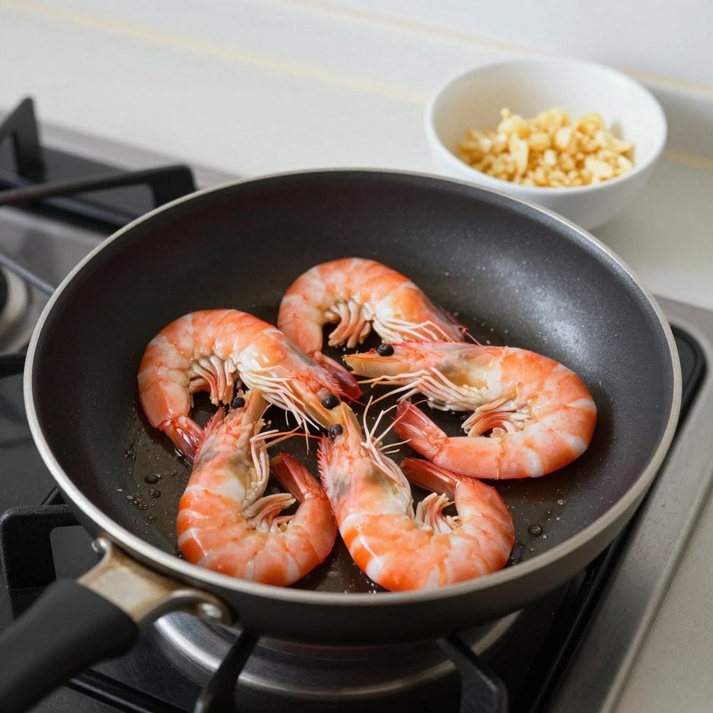Shrimp searing in a skillet, pink and curled, next to a small bowl of minced garlic
