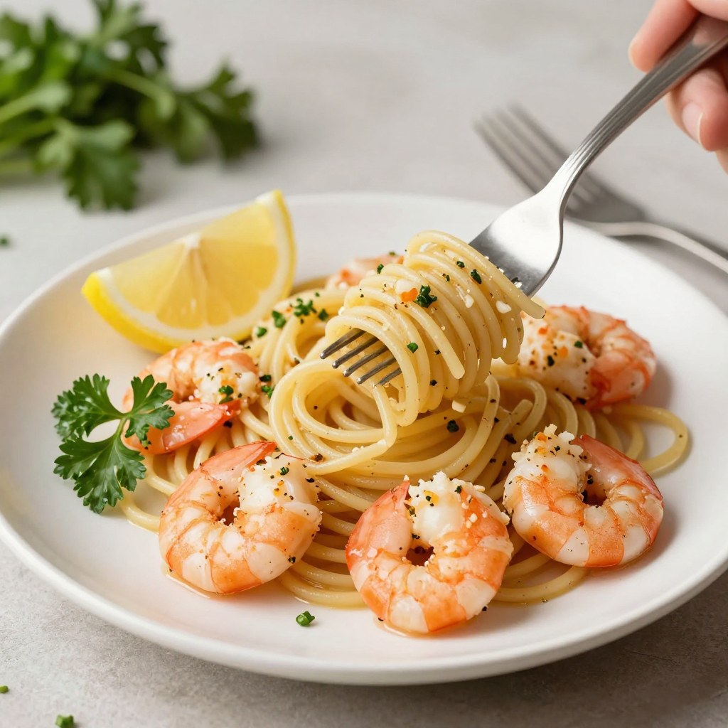A plated serving of garlic butter shrimp pasta twirled on a fork, lemon wedge and parsley on the side
