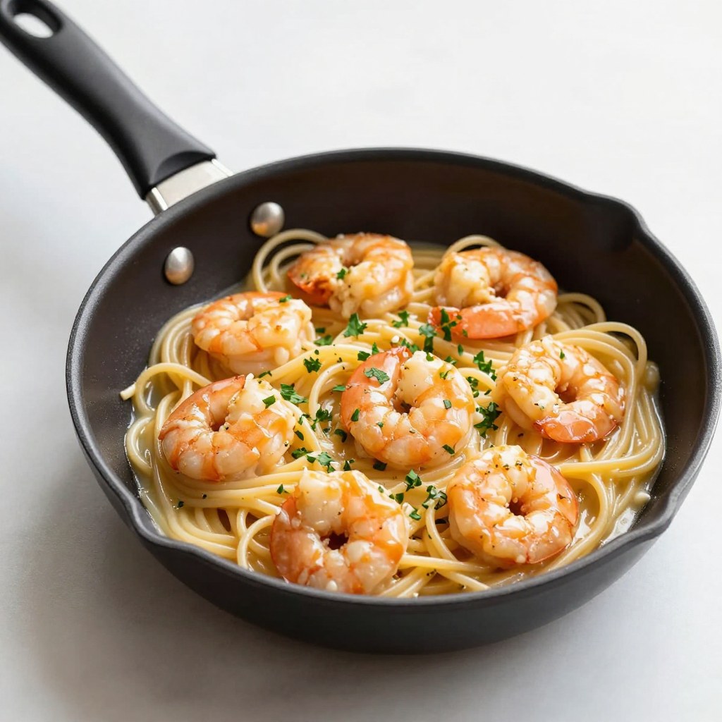 A skillet of garlic butter shrimp pasta tossed in a glossy sauce, shrimp pink and curled, fresh parsley scattered on top